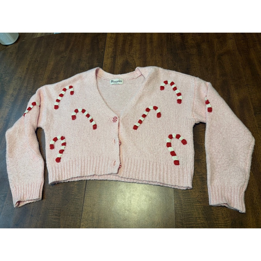 No Boundaries Girls L 12-14 Pink Candy Cane Christmas Cardigan Sweater Winter